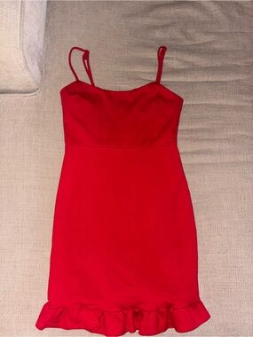 Lulu's Bright Red Spaghetti-Strap Ruffle-Hem Mini Dress